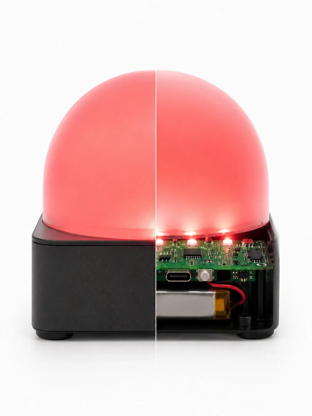 Vue en coupe du Calminou : dôme diffusant, circuit imprimé, LEDs, port USB-C et batterie