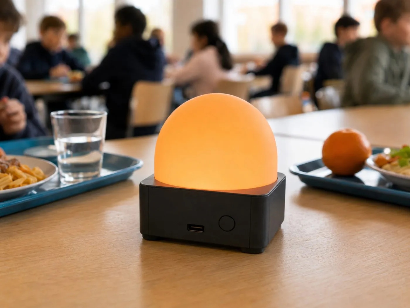 Le Calminou en gros plan sur une table de cantine, port USB-C et bouton visibles